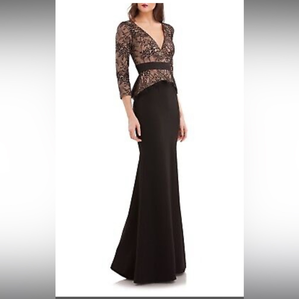JS collections V-Neck lace peplum 3/4 sleeves long Gown
